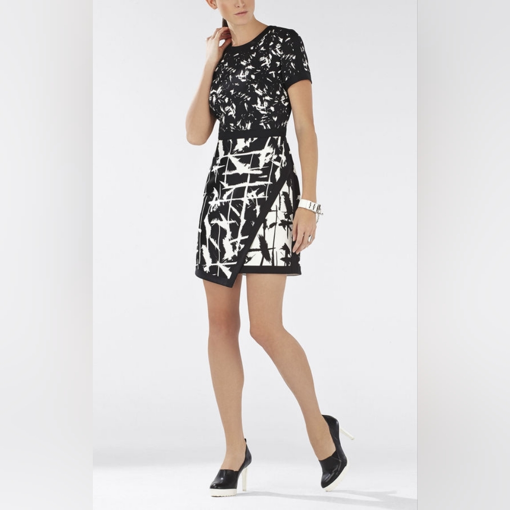 BCBGMAXAZRIA Size 2 Tall Raquel Print-Blocked Asymmetrical Skirt Dress